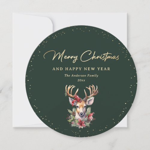 Elegant Green and Gold Deer Merry Christmas Holiday Card