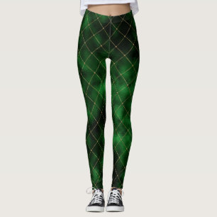 Elegant Green and Gold Diamonds Leggings