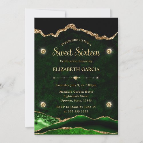 Elegant Green and Gold Faux Glitter Agate Sweet 16 Invitation