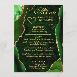 Elegant Green and Gold Faux Glitter Agate Wedding Menu