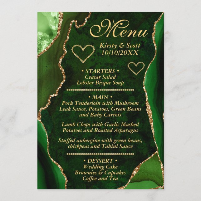 Elegant Green and Gold Faux Glitter Agate Wedding Menu (Front)