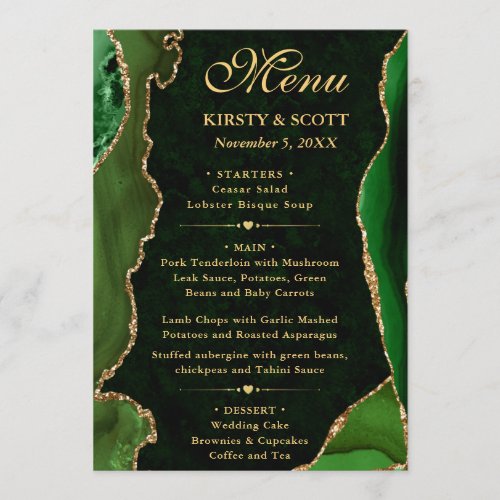 Elegant Green and Gold Faux Glitter Agate Wedding Menu