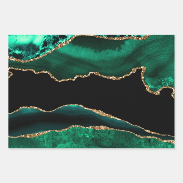Elegant Green and Gold Faux Glitter Agate Wrapping Paper Sheets (Front 3)