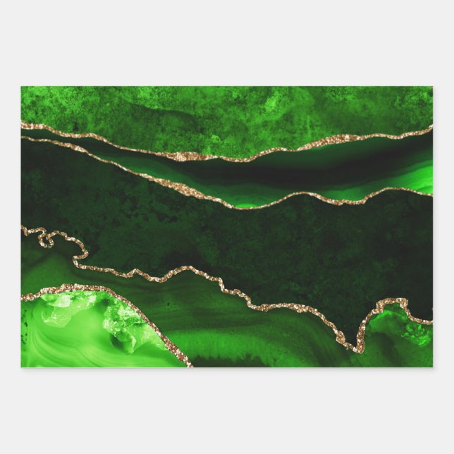 Elegant Green and Gold Faux Glitter Agate Wrapping Paper Sheets (Front)