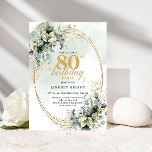 Elegant Green and Gold Floral 80th Birthday Card