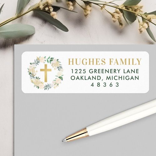 Elegant Green and Gold Floral Cross Return Address Label