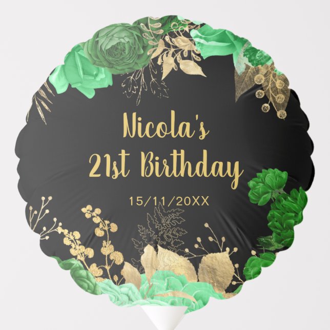 Elegant Green and Gold Flowers Birthday Party Balloon (Front)