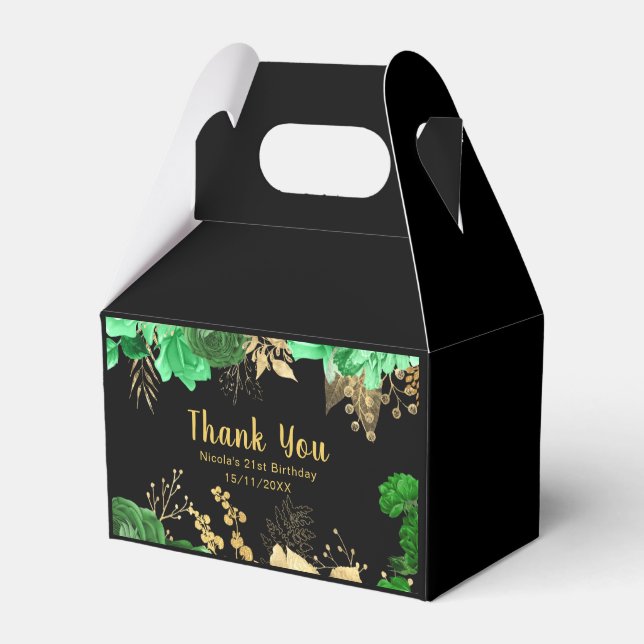 Elegant Green and Gold Flowers Birthday Party Favor Boxes (Front Side)