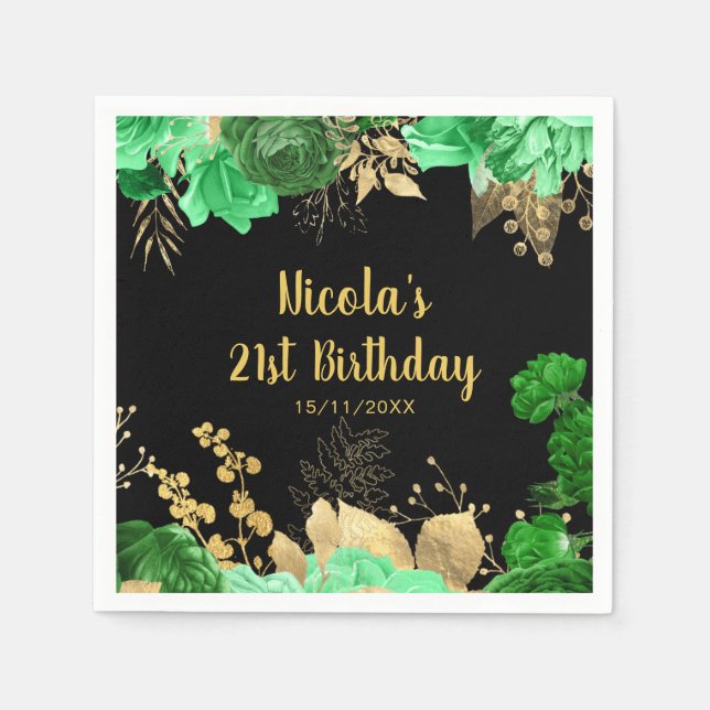 Elegant Green and Gold Flowers Birthday Party Napkins (Front)