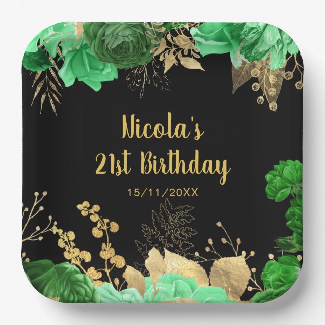 Elegant Green and Gold Flowers Birthday Party Paper Plates (Front)