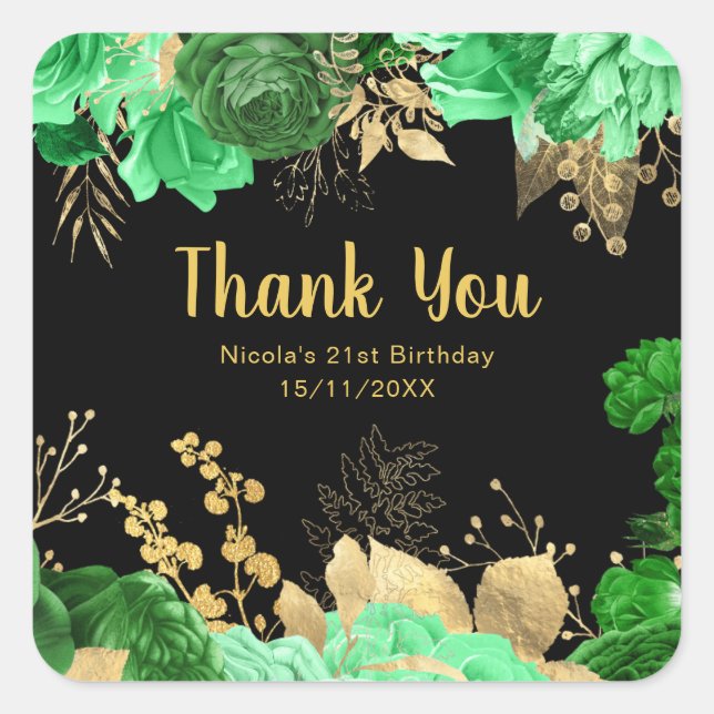 Elegant Green and Gold Flowers Birthday Party  Square Sticker (Front)