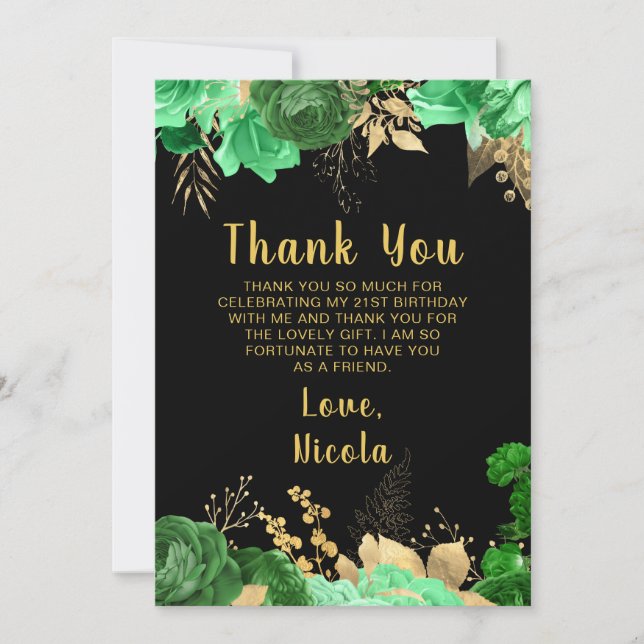 Elegant Green and Gold Flowers Birthday Party Thank You Card (Front)