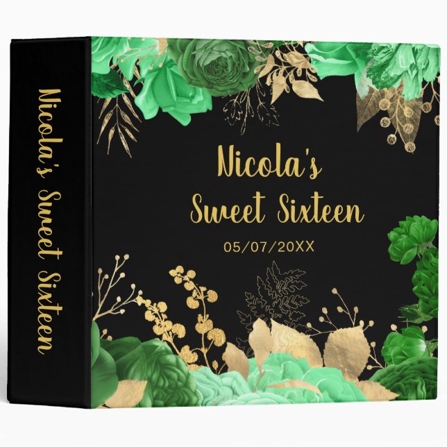 Elegant Green and Gold Flowers Sweet Sixteen 3 Ring Binder (Front/Spine)