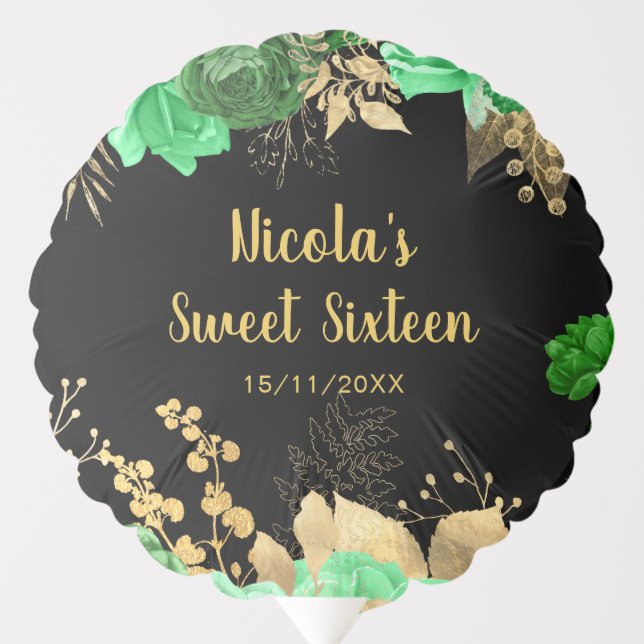 Elegant Green and Gold Flowers Sweet Sixteen Balloon (Front)