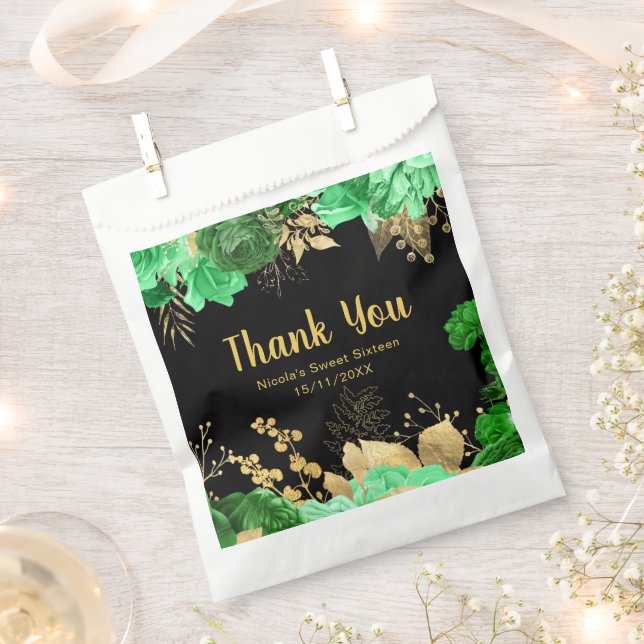 Elegant Green and Gold Flowers Sweet Sixteen Favor Bag (Clipped)
