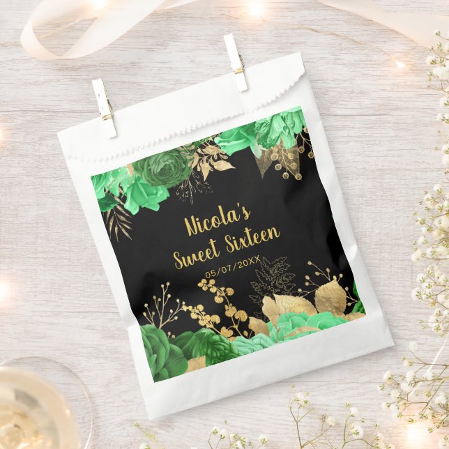 Elegant Green and Gold Flowers Sweet Sixteen Favor Bag (Clipped)