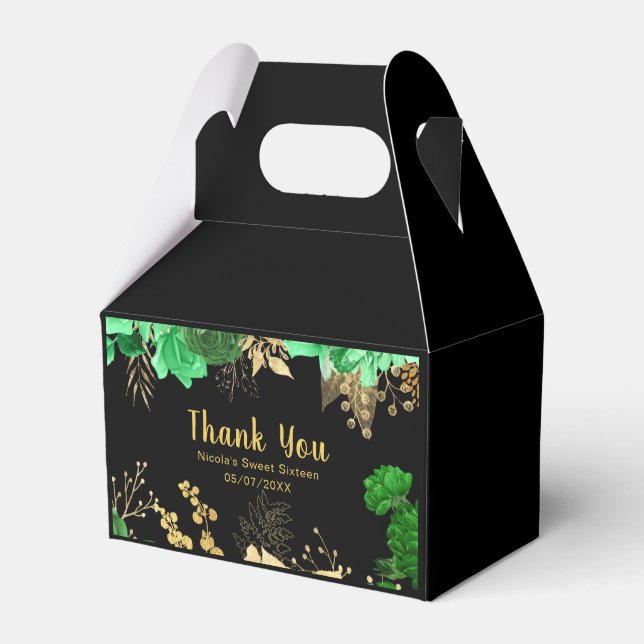 Elegant Green and Gold Flowers Sweet Sixteen Favor Boxes (Front Side)