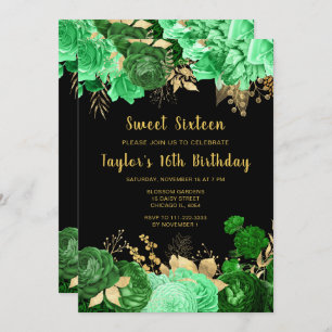 Elegant Green and Gold Flowers Sweet Sixteen Invitation