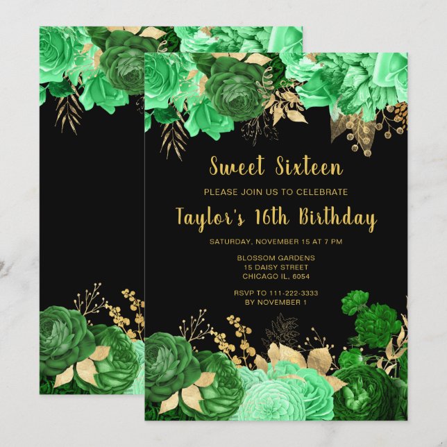 Elegant Green and Gold Flowers Sweet Sixteen Invitation (Front/Back)