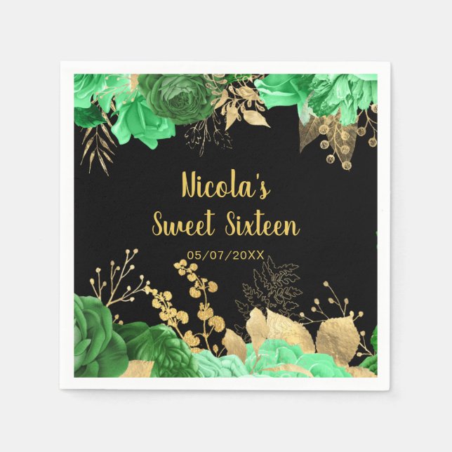 Elegant Green and Gold Flowers Sweet Sixteen Napkins (Front)