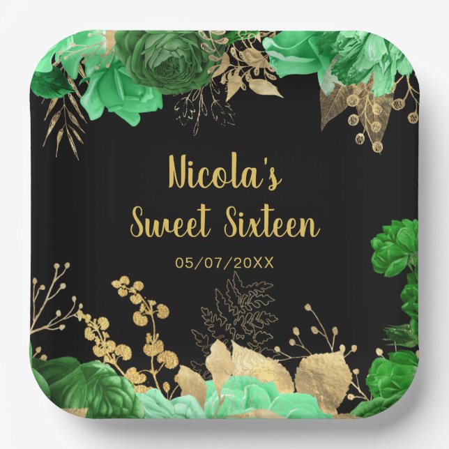 Elegant Green and Gold Flowers Sweet Sixteen Paper Plates (Front)