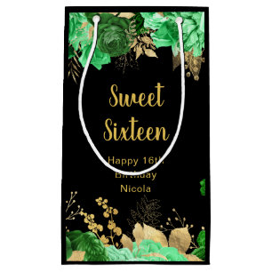Elegant Green and Gold Flowers Sweet Sixteen Small Gift Bag