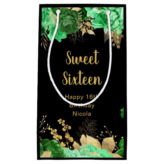 Elegant Green and Gold Flowers Sweet Sixteen Small Gift Bag (Front)