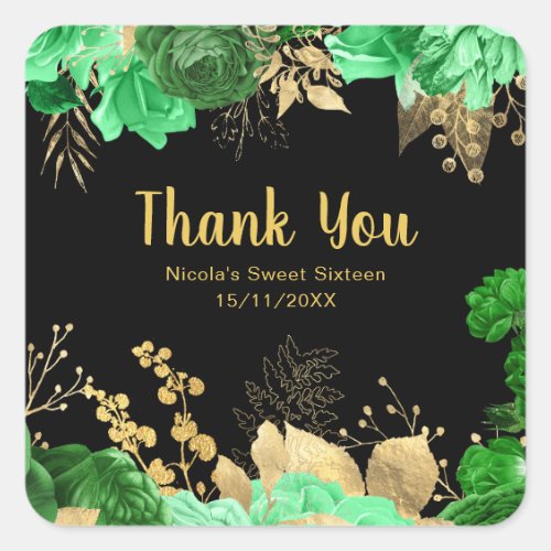 Elegant Green and Gold Flowers Sweet Sixteen Square Sticker