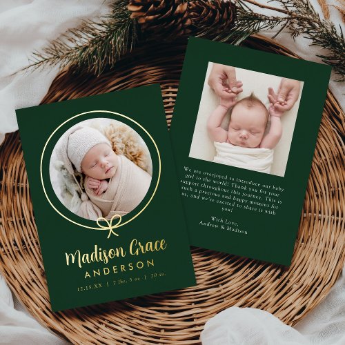 Elegant Green and Gold Foil Bow Birth Announcement