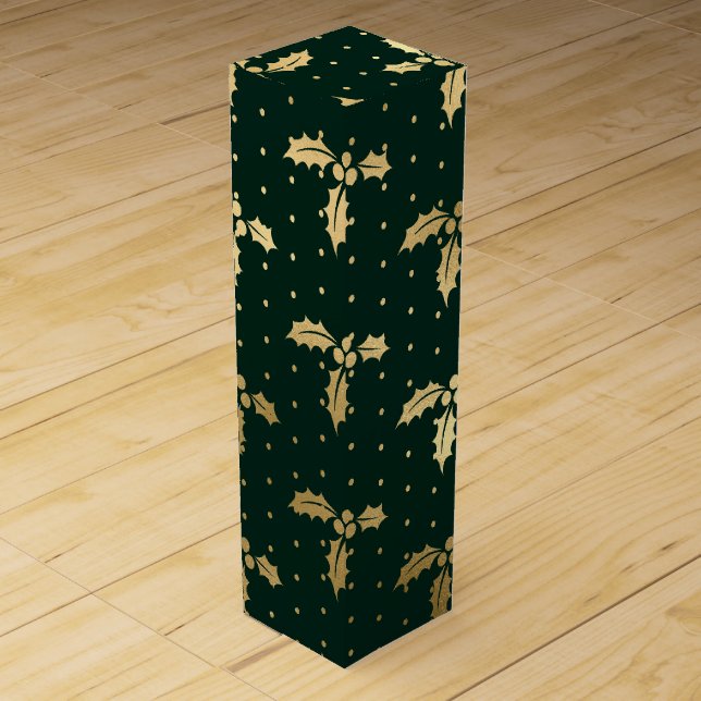 Elegant Green and Gold Foil Christmas Holly Wine Box (Front)