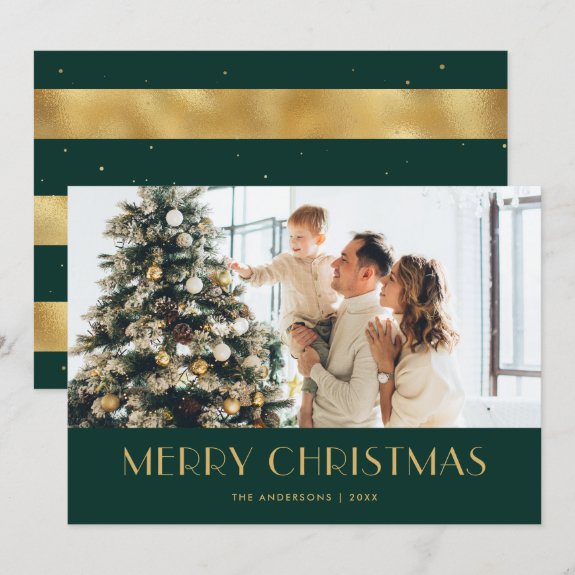 Elegant Green and Gold Foil Photo Christmas Card