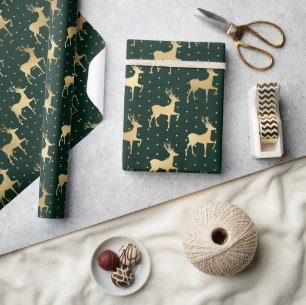 Elegant Green and Gold Foil Reindeer Christmas Wrapping Paper