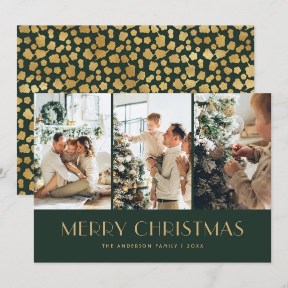 Elegant Green and Gold Foil Stars Photo Christmas Card