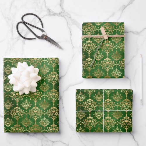 Elegant green and gold foil vintage damask pattern wrapping paper sheets