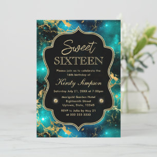 Elegant Green and Gold Galaxy Marble Sweet Sixteen Invitation