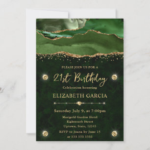 Elegant Green and Gold Glitter Agate 21st Birthday Invitation