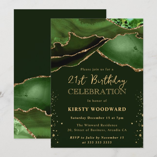 Elegant Green and Gold Glitter Agate 21st Birthday Invitation (Front/Back)