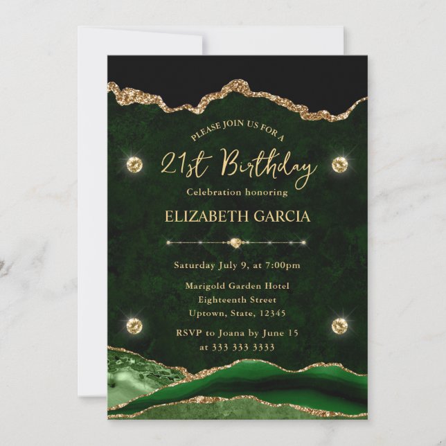 Elegant Green and Gold Glitter Agate 21st Birthday Invitation (Front)