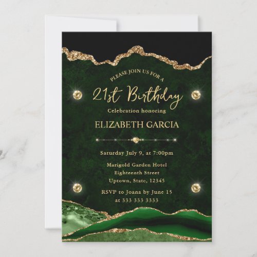 Elegant Green and Gold Glitter Agate 21st Birthday Invitation