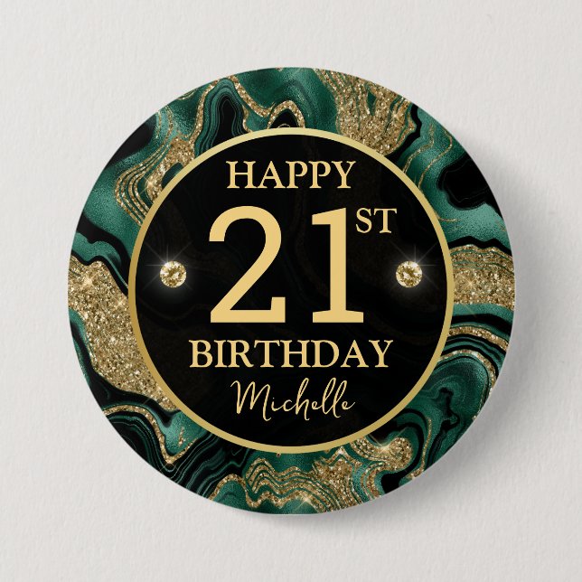 Elegant Green and Gold Glitter Agate Birthday Button (Front)