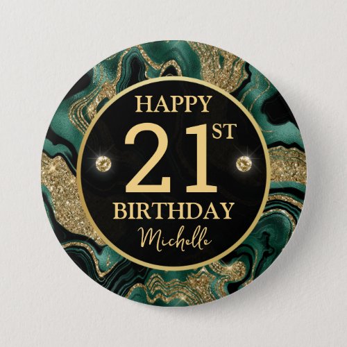 Elegant Green and Gold Glitter Agate Birthday Button