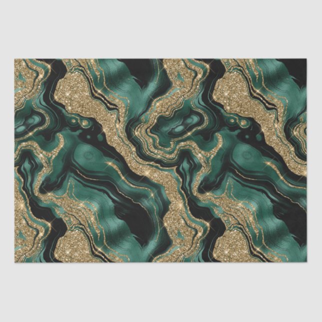 Elegant Green and Gold Glitter Agate Birthday Tissue Paper (Front)