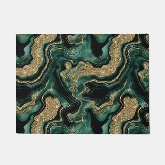 Elegant Green and Gold Glitter Agate Pattern Doormat (Front)