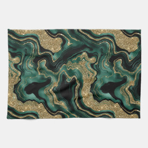 Elegant Green and Gold Glitter Agate Pattern Kitchen Towel