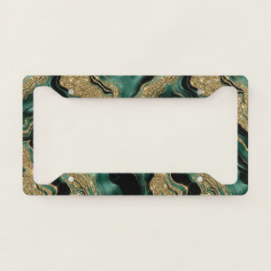Elegant Green and Gold Glitter Agate Pattern License Plate Frame