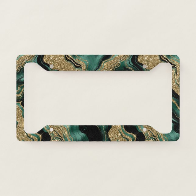 Elegant Green and Gold Glitter Agate Pattern License Plate Frame (Front)