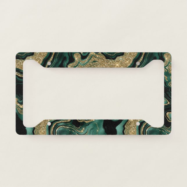 Elegant Green and Gold Glitter Agate Pattern License Plate Frame (Front)