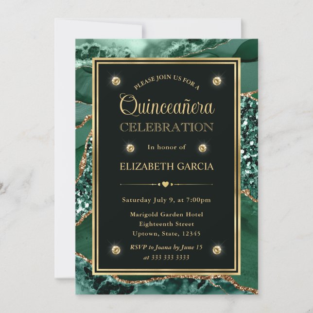 Elegant Green and Gold Glitter Agate Quinceanera Invitation (Front)