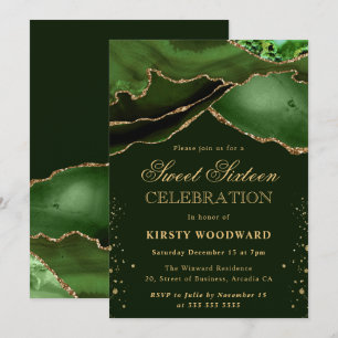 Elegant Green and Gold Glitter Agate Sweet 16 Invitation