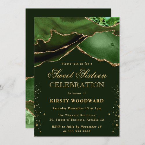 Elegant Green and Gold Glitter Agate Sweet 16 Invitation